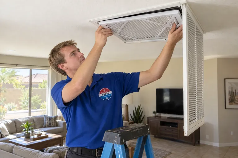 HVAC technician replacing a return air filter in Peoria, AZ