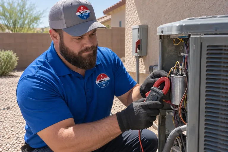 Tomer Klein testing an AC capacitor during a repair in Mesa, AZ