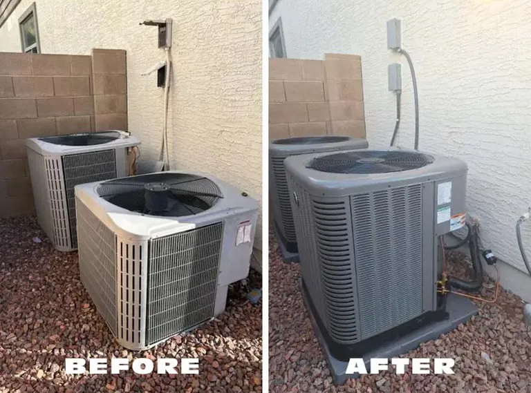 Old and new air conditioning condensers side by side after a Klein replacement in Phoenix, AZ