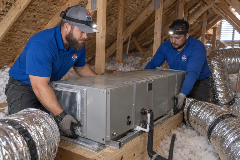 Tomer Klein and a technician installing a new air handler in an attic in Gilbert, AZ