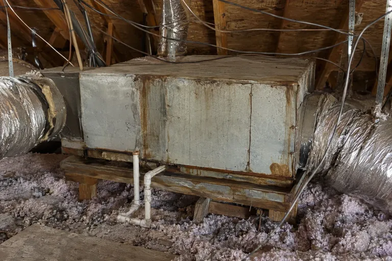Rusty attic air handler before replacement in Scottsdale, AZ