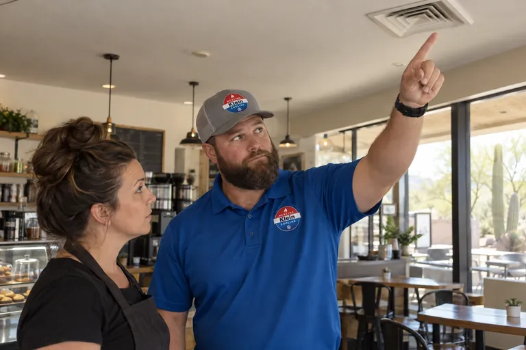 Tomer Klein discussing commercial HVAC service with a business owner in Scottsdale, AZ