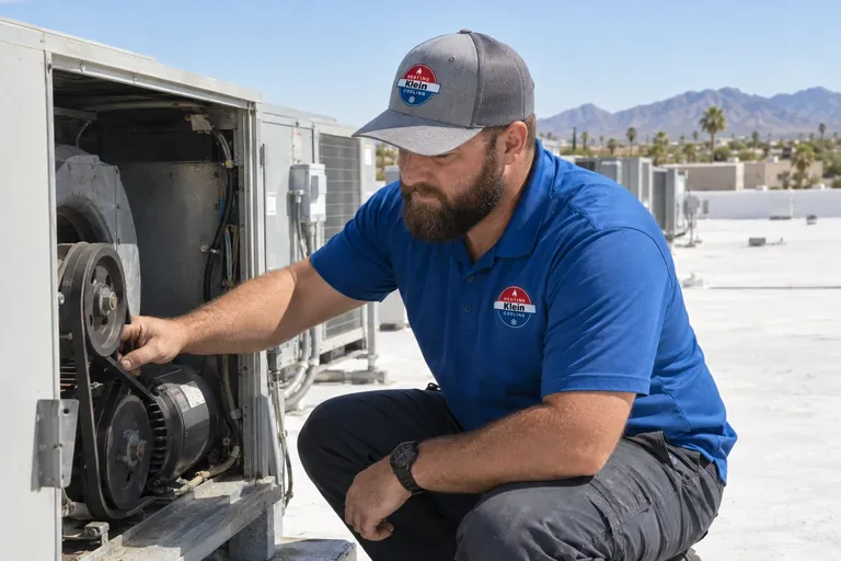 Tomer Klein servicing a commercial rooftop HVAC unit in Phoenix, AZ