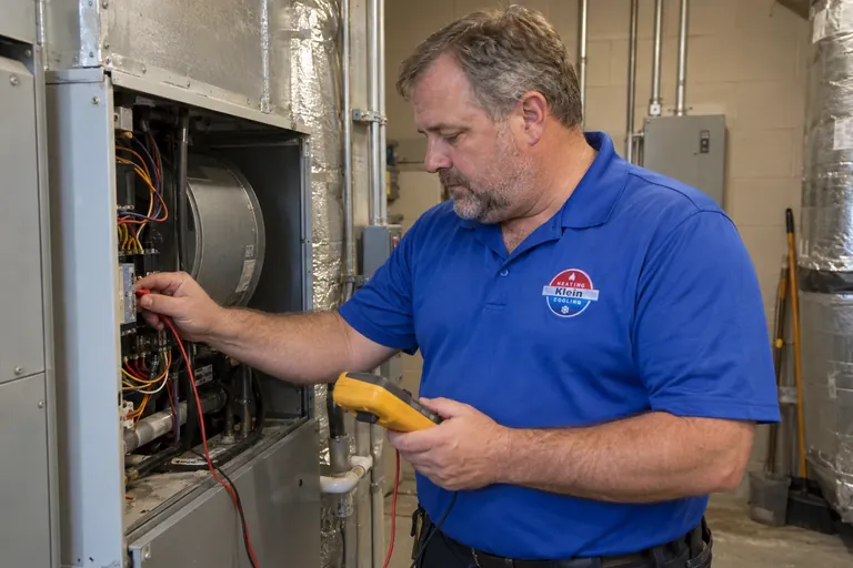 HVAC technician servicing a commercial air handler in Phoenix, AZ