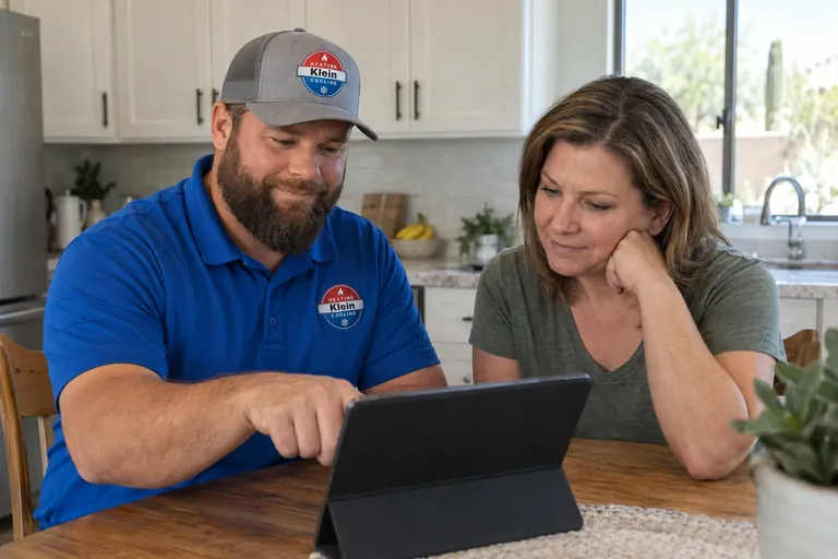 Tomer Klein going over HVAC system options with a homeowner in Chandler, AZ