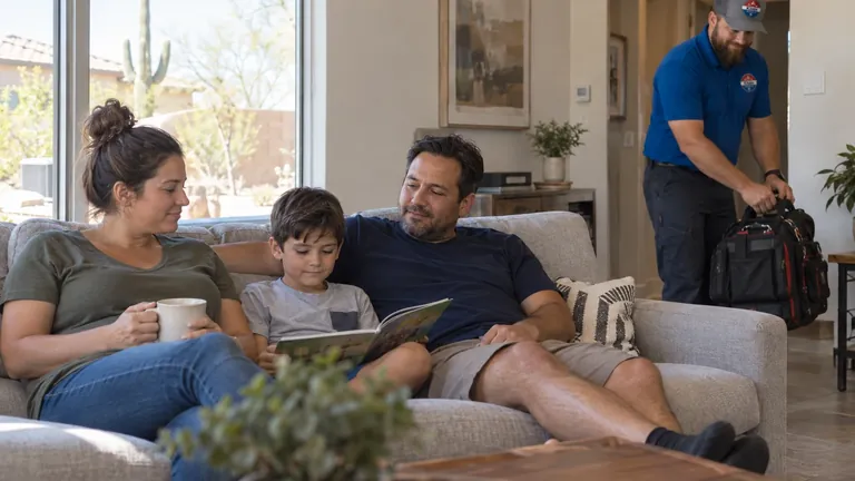 A family relaxing in a cool home after Tomer Klein's AC repair in Gilbert, AZ