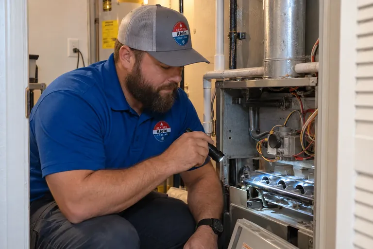 Tomer Klein inspecting a gas furnace's burners in Mesa, AZ