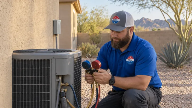 Tomer Klein checking an air conditioner's refrigerant pressures beside a stucco home in Phoenix, AZ