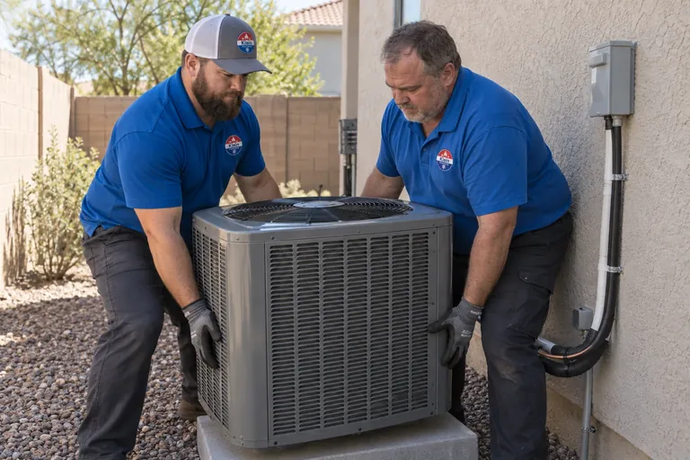 Tomer Klein and a technician setting a new AC condenser in Chandler, AZ