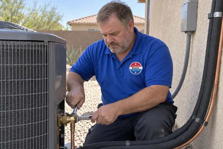 HVAC installer connecting a refrigerant line set to a new condenser in Mesa, AZ