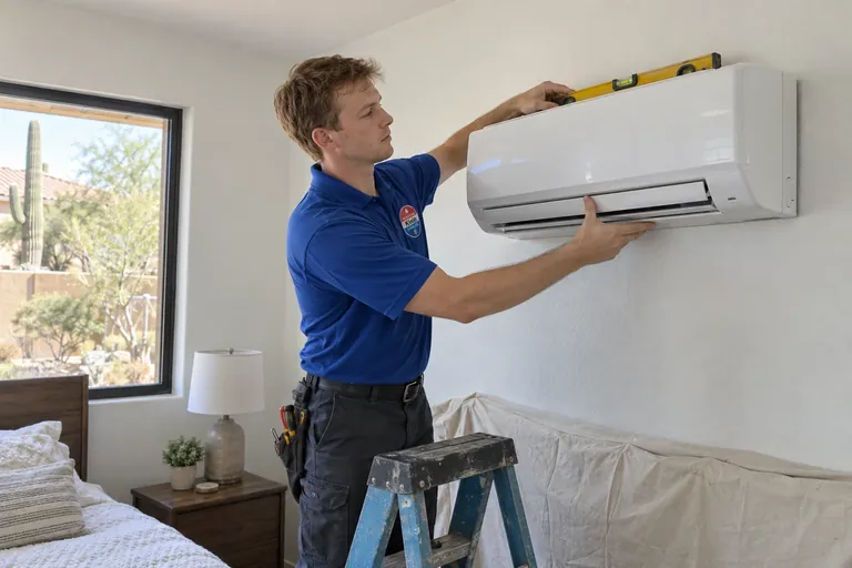 HVAC installer mounting a ductless mini-split indoor unit in Scottsdale, AZ