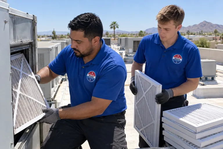 Technicians replacing filters in a commercial rooftop unit in Tempe, AZ