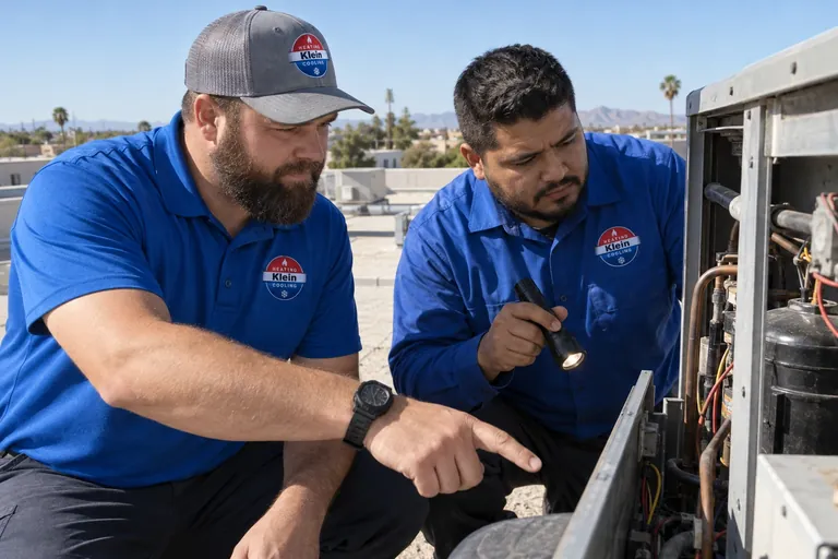 Tomer Klein and a technician inspecting a rooftop unit in Chandler, AZ