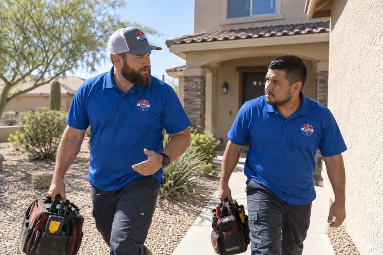 Tomer Klein and a technician arriving for a service call at a home in Gilbert, AZ